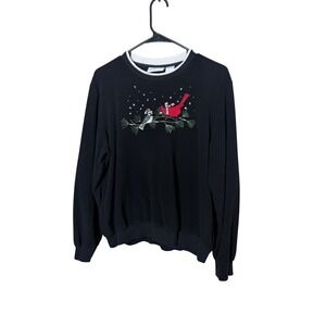 Alfred Dunner Black Cardinal Bird Embroidered Fleece Sweatshirt Size Medium